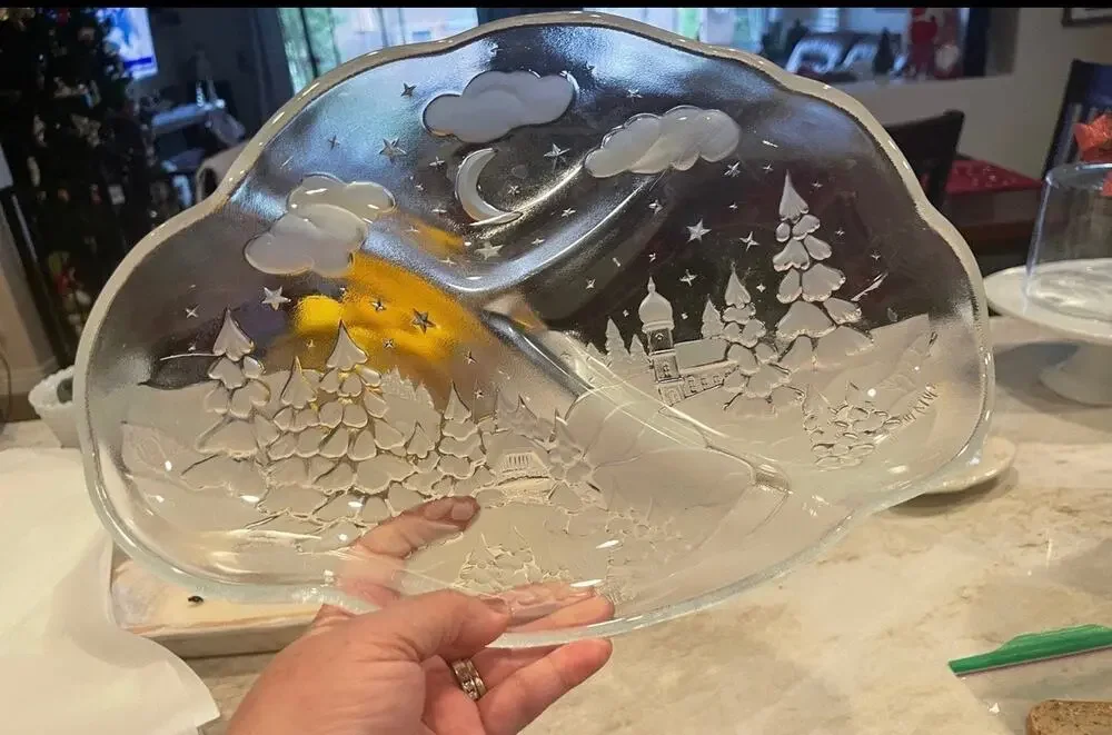 Winterland Crytal glass etched Holiday candy tray in box Christmas 12-1/2